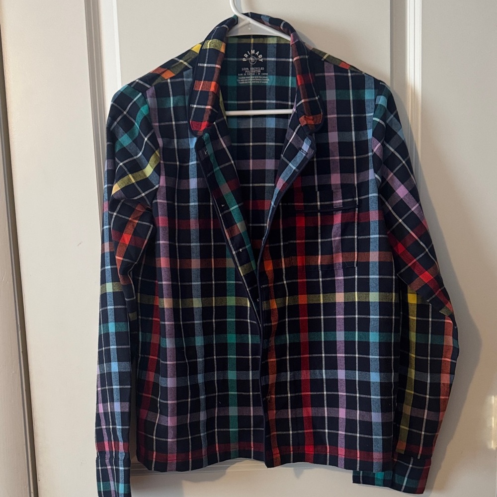Primary Long Sleeve Navy Rainbow Plaid gingham Button‎ Down Shirt Size XS